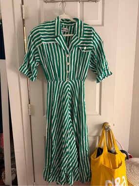 Green and White Striped Button-Front Midi Dress